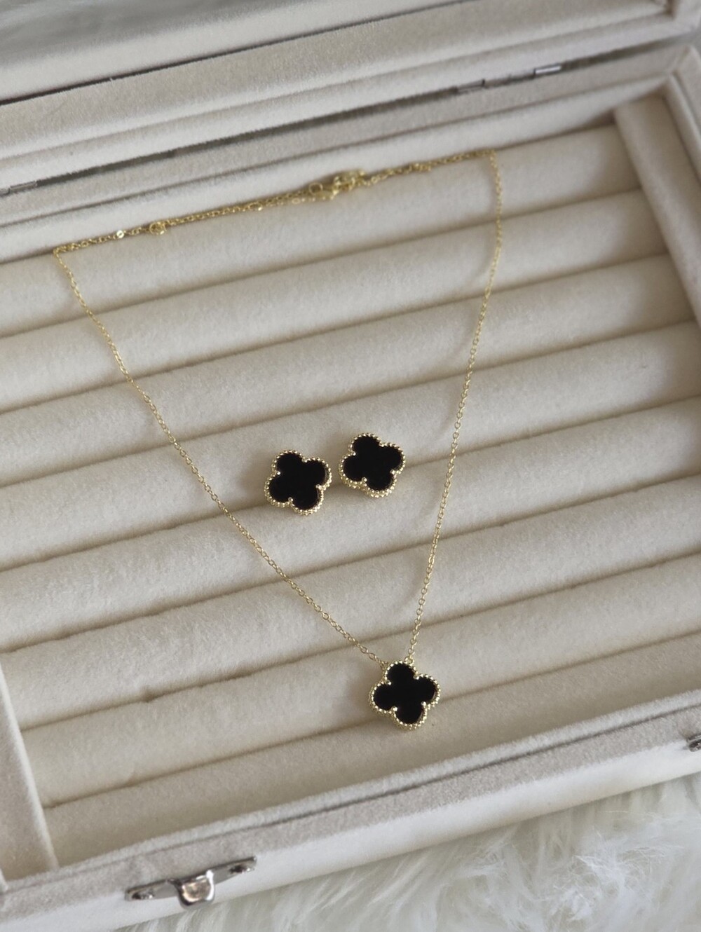Sterling Silver Gold Black Clover Pendant Necklace and Stud Earrings Set